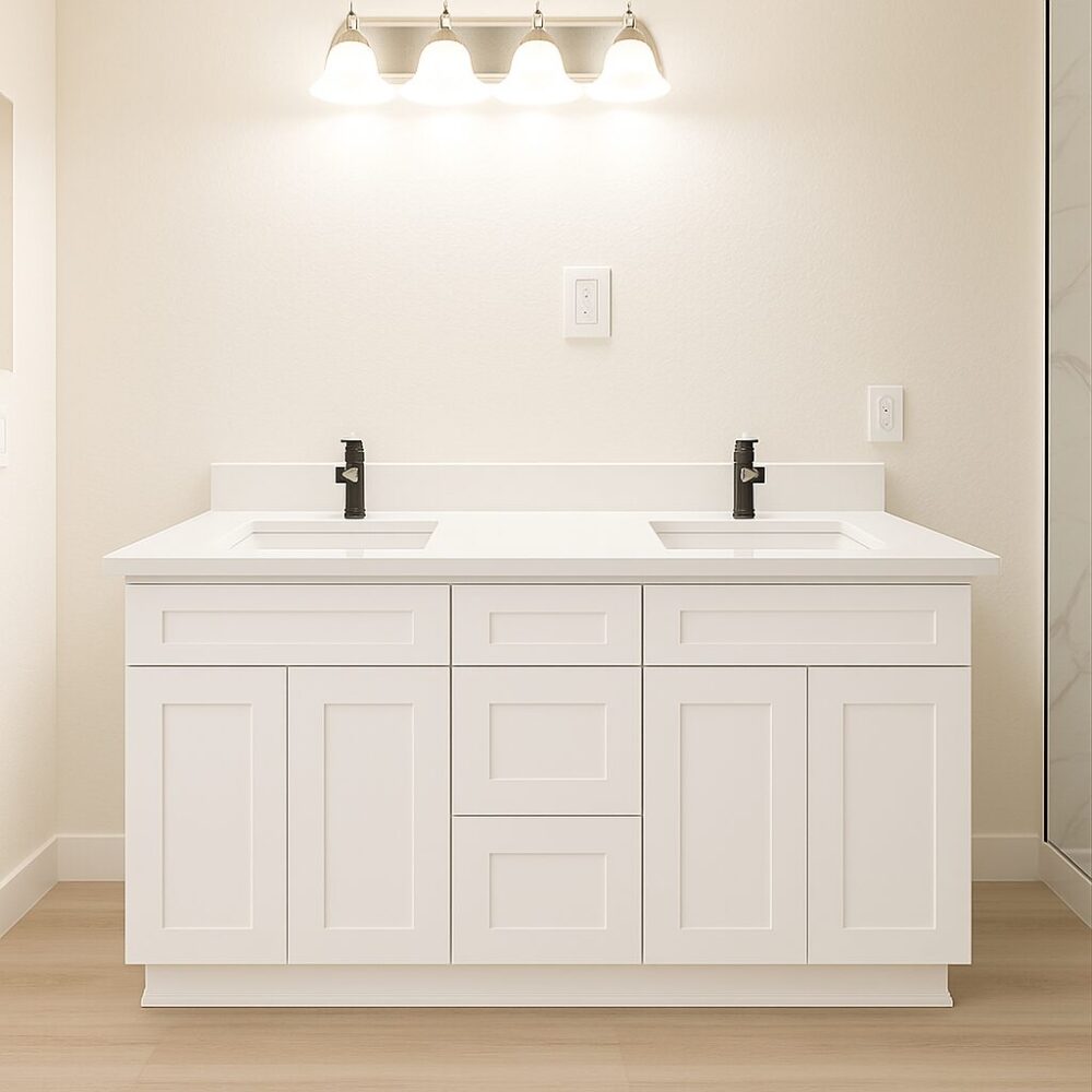 White bathroom cabinet, 24, 27, 30, 36, 42, 48, 54, 60, and 72 inches (excluding countertop).