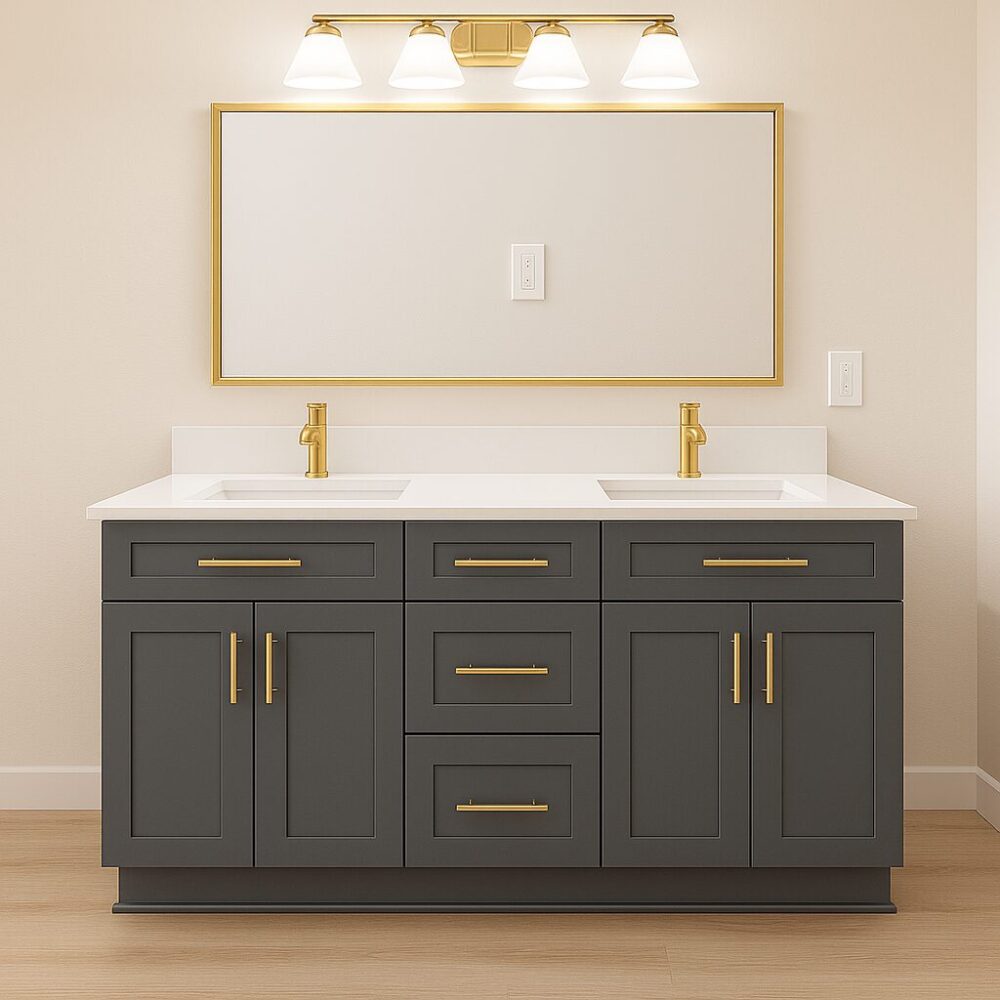 Grey bathroom cabinet, 24, 27, 30, 36, 42, 48, 54, 60, and 72 inches (excluding countertop).