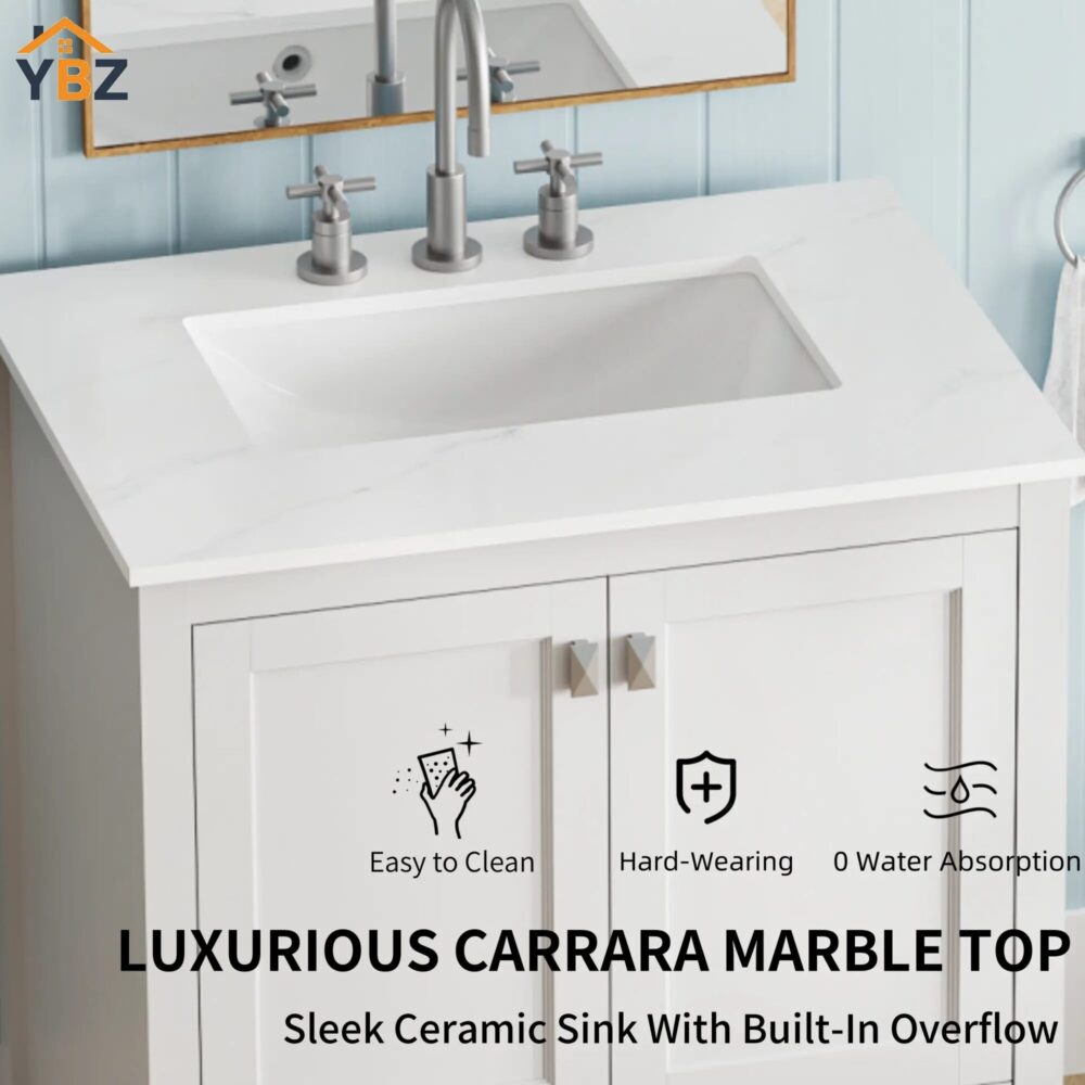 11 30'' Solid Wood Single Sink Bathroom Vanity with Marble Countertop,Three colors to choose from