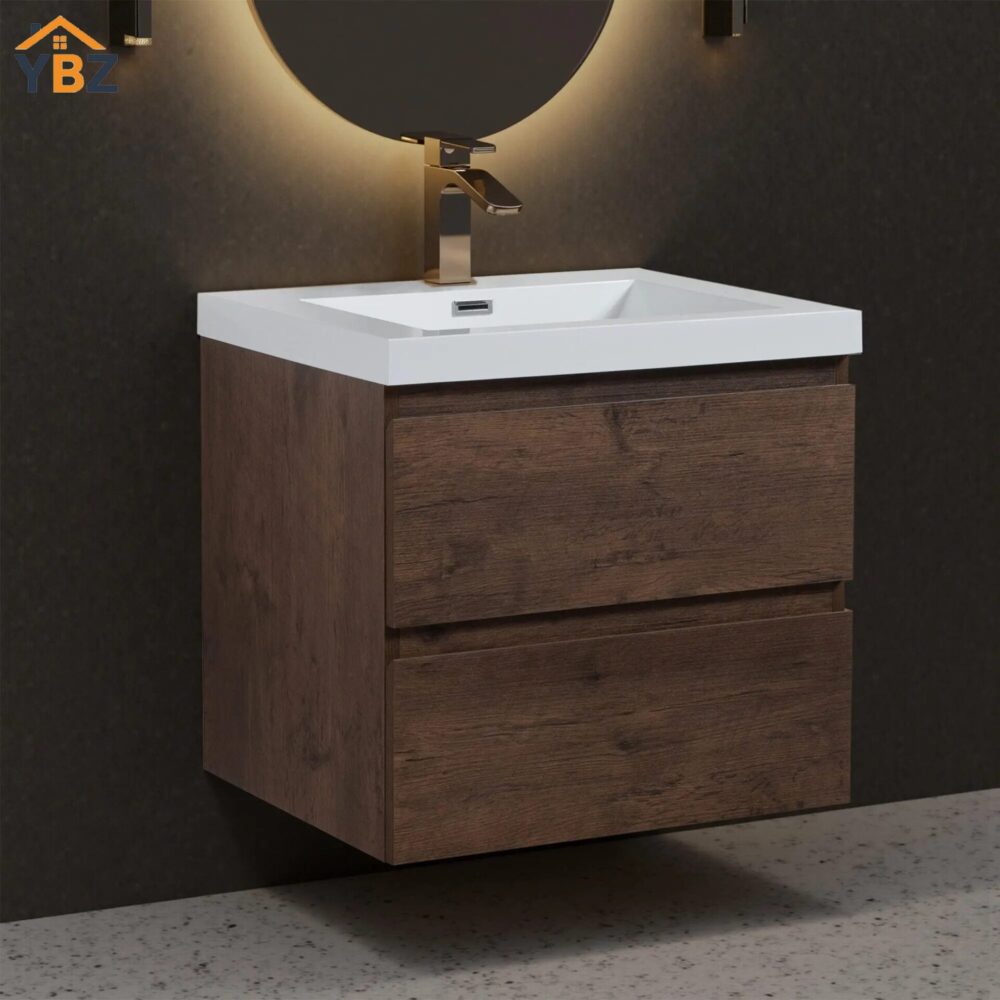 Angela 24''30''36''48''60'' Floating Single Vanity Rose Wood with White Countertop