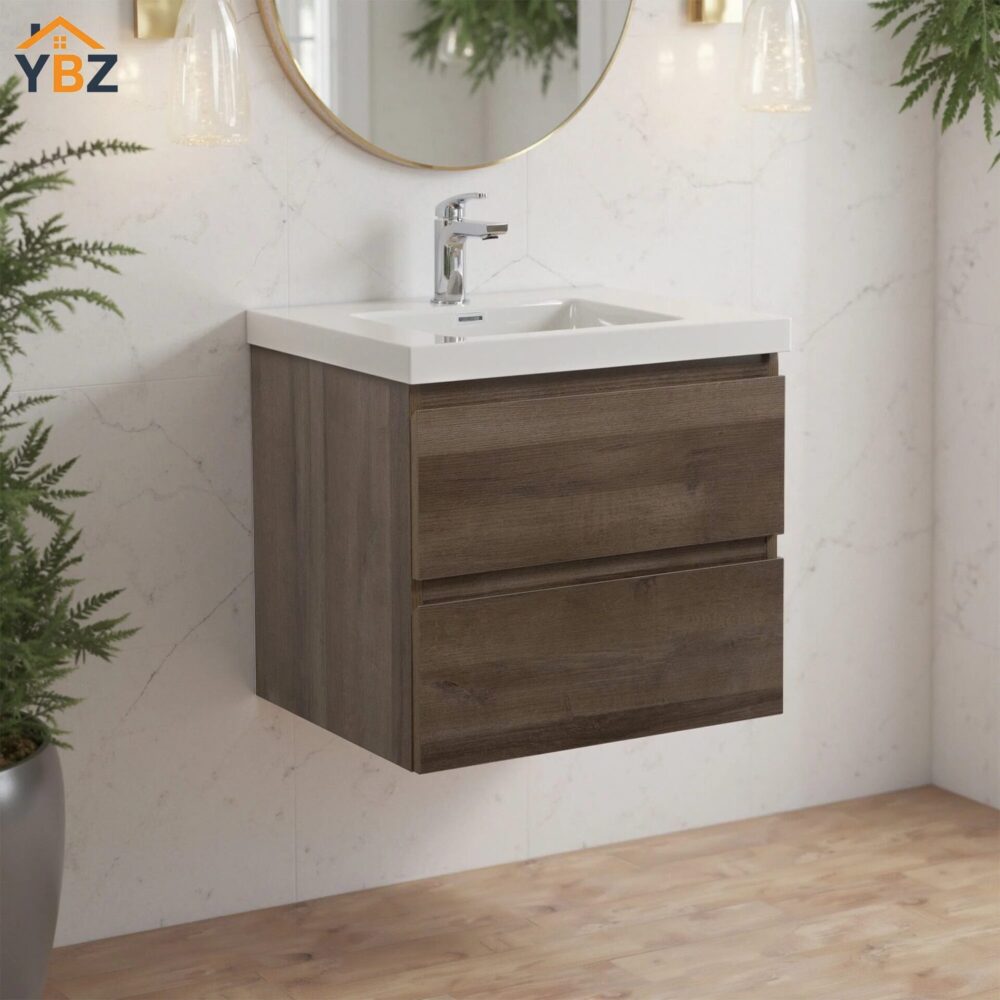 Angela 24'' 48'' 60'' Grey Oak Floating Single Vanity with White Resin Countertop