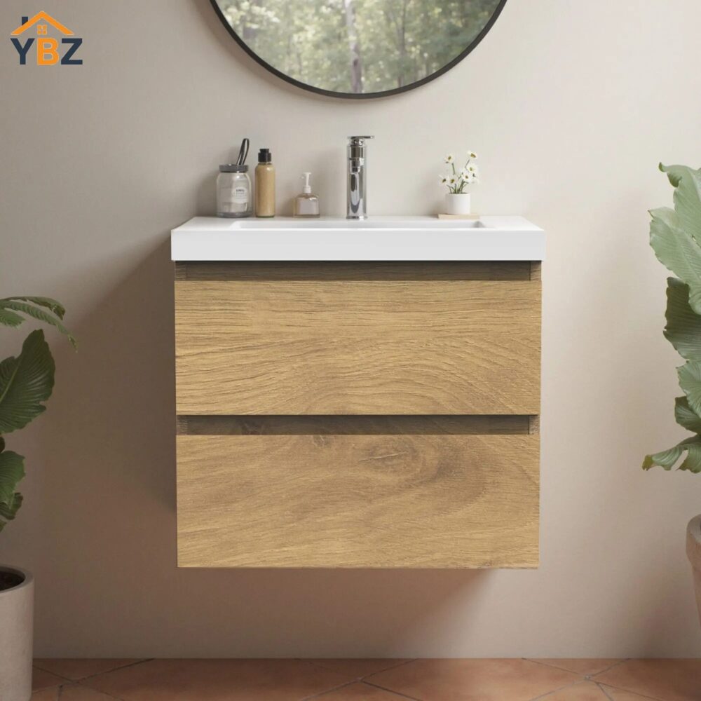 Angela 24''30''36''48''60'' Floating Single Vanity in Andean Oak texture with White Countertop