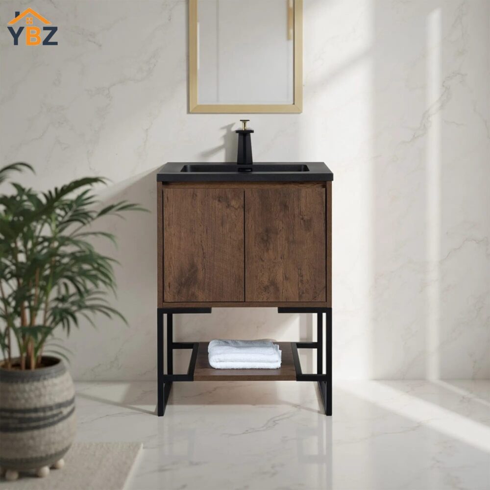 Allen 24'' 30'' Freestanding Single Vanity with Solid Surface Basin, Rose Wood