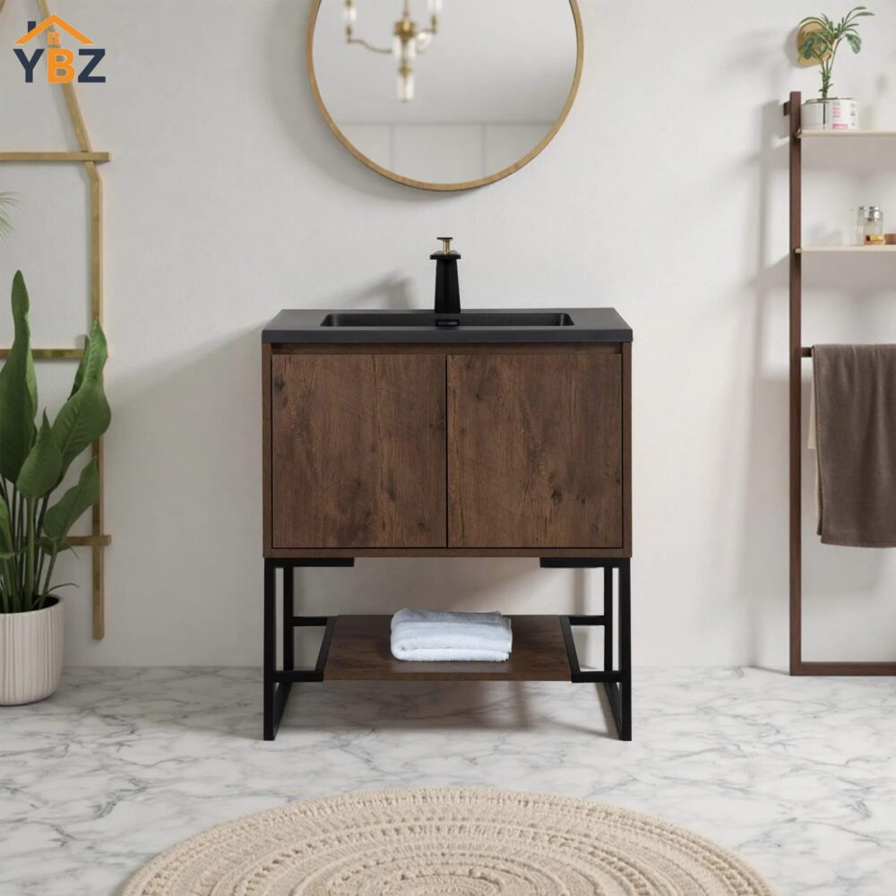 Allen 24'' 30'' Freestanding Single Vanity with Solid Surface Basin, Rose Wood