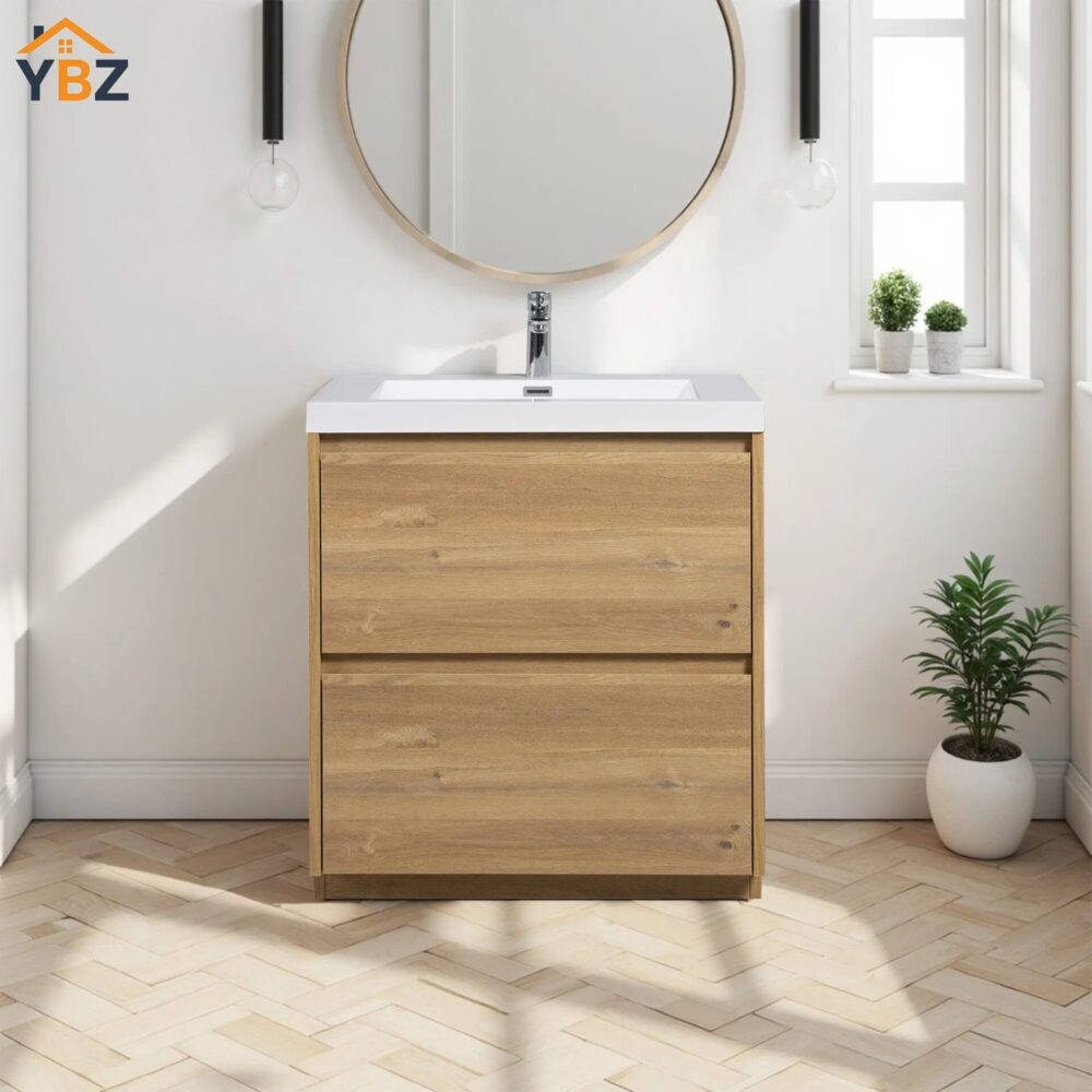 Angela-T 24'' 30''36''48”60”72” Single Sink Bathroom Vanity with White Countertop in Natural Oak