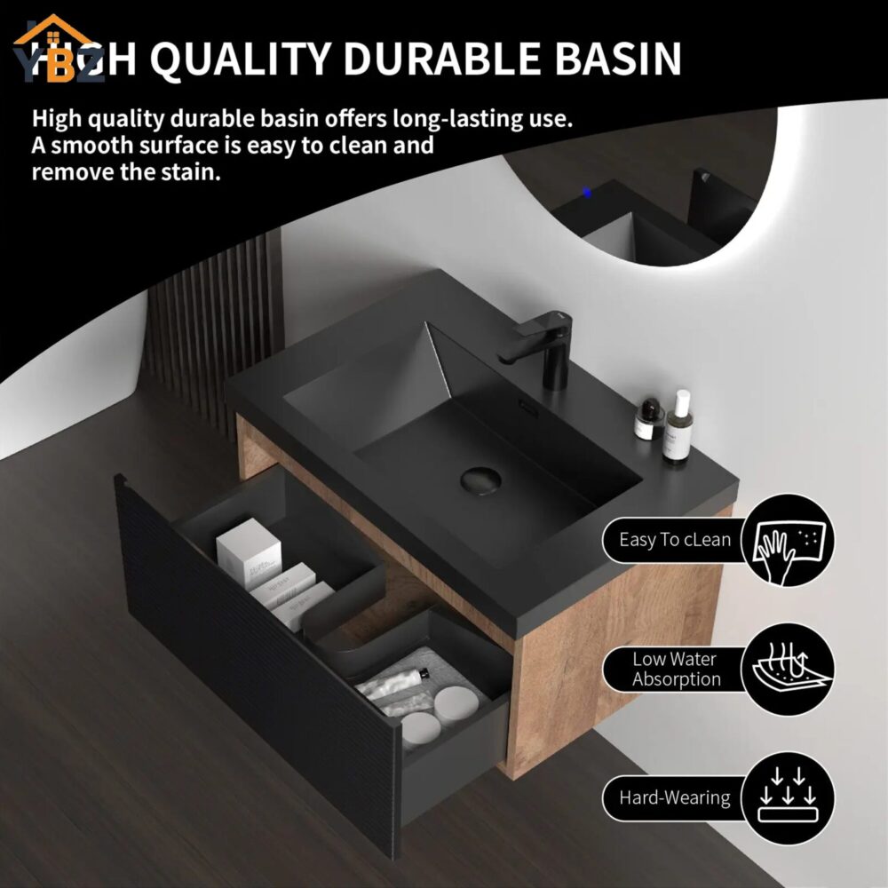 Crius 30''36''Black Floating Single Vanity with Black Quartz Sands Countertop