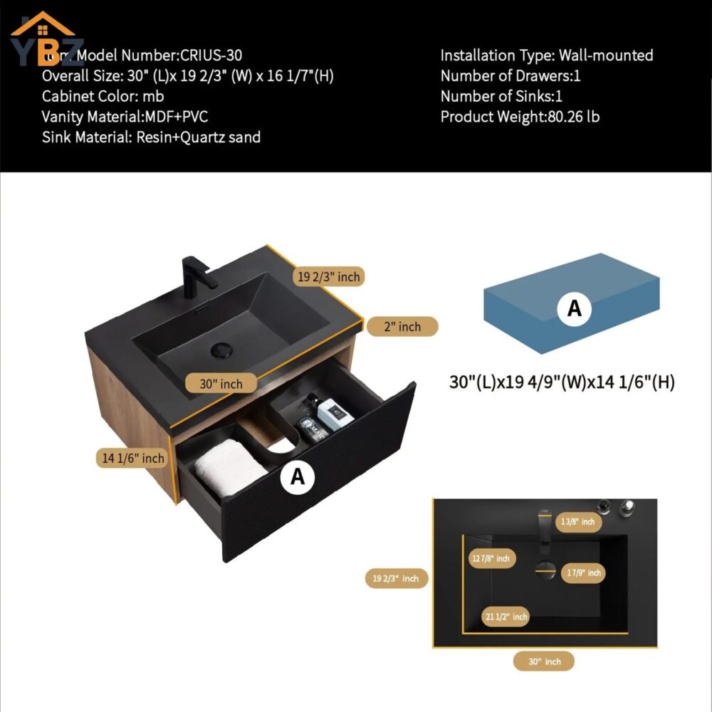 Crius 30''36''Black Floating Single Vanity with Black Quartz Sands Countertop