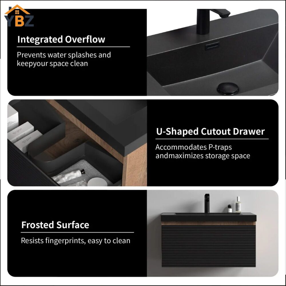 Crius 30''36''Black Floating Single Vanity with Black Quartz Sands Countertop