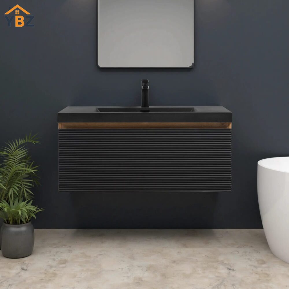 Crius 30''36''Black Floating Single Vanity with Black Quartz Sands Countertop