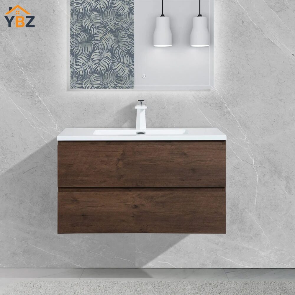 Angela 24''30''36''48''60'' Floating Single Vanity Rose Wood with White Countertop