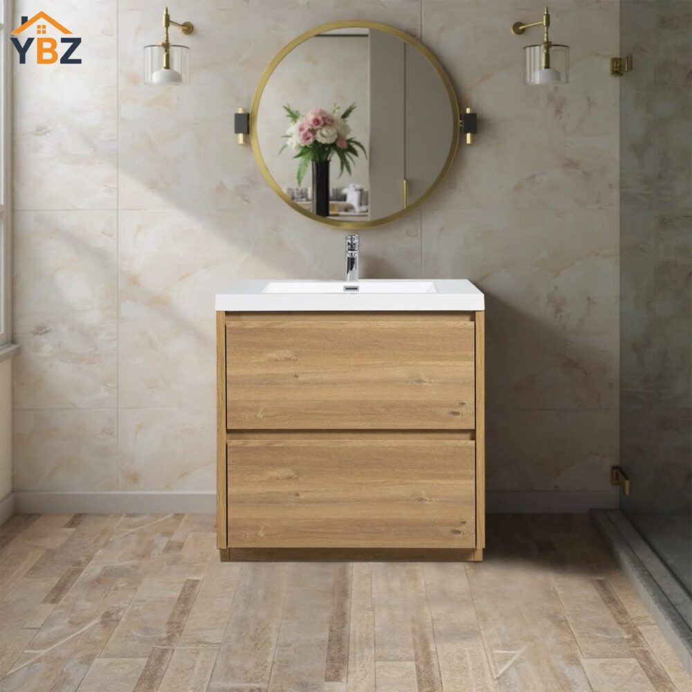 Angela-T 24'' 30''36''48”60”72” Single Sink Bathroom Vanity with White Countertop in Natural Oak