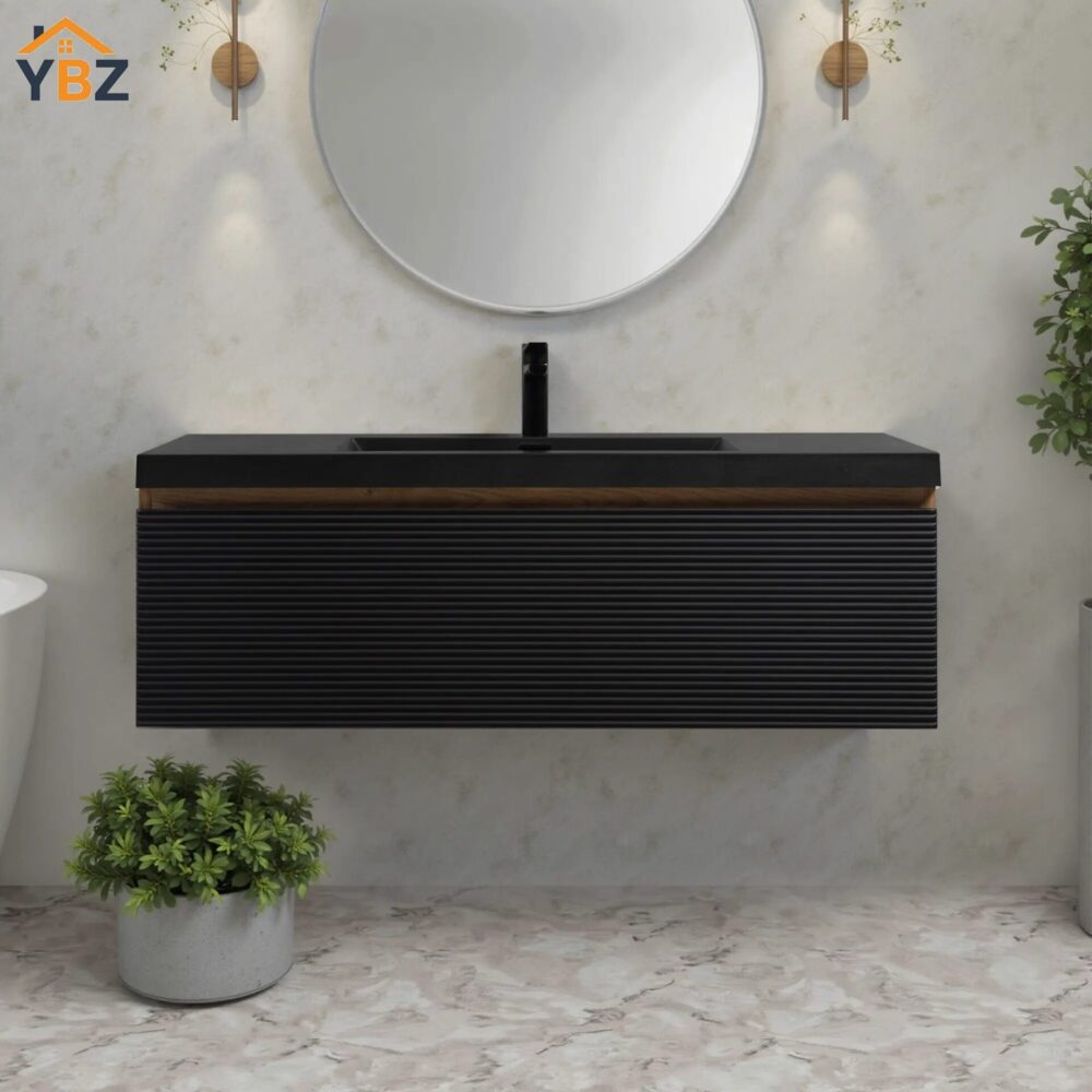 480 Crius 48'' 60''Black Floating Single Vanity with Black Quartz Sands Countertop