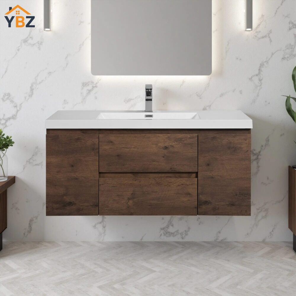 Angela 24''30''36''48''60'' Floating Single Vanity Rose Wood with White Countertop