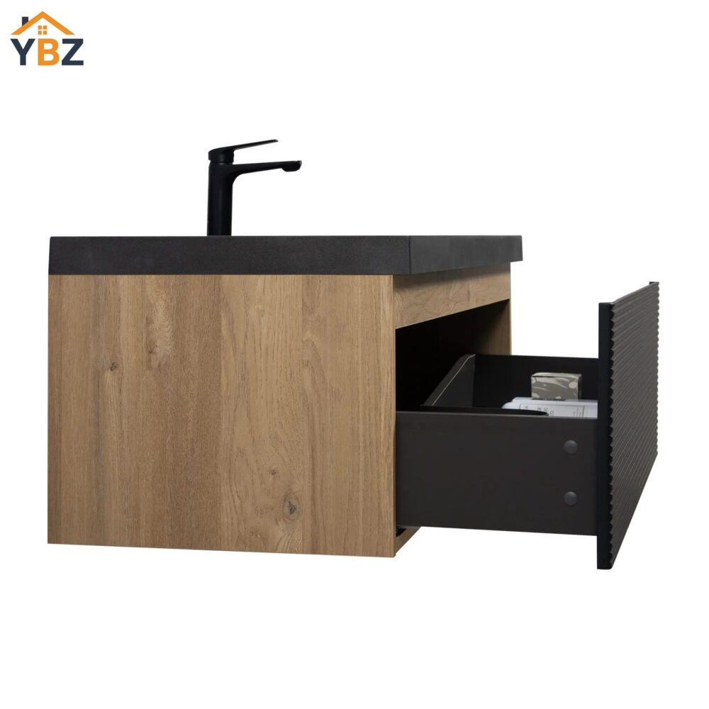 483 Crius 48'' 60''Black Floating Single Vanity with Black Quartz Sands Countertop