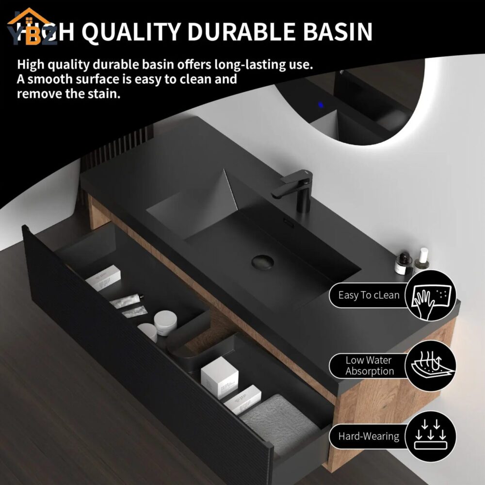 485 Crius 48'' 60''Black Floating Single Vanity with Black Quartz Sands Countertop