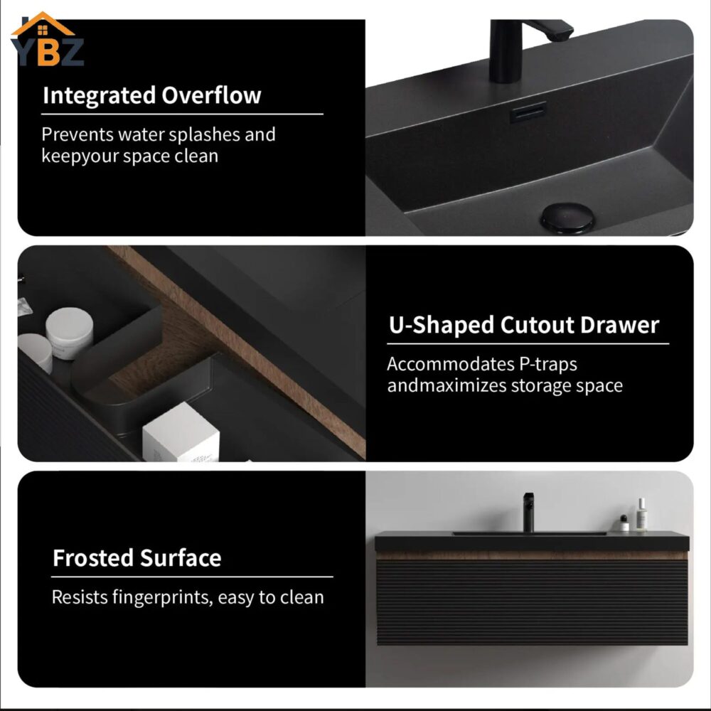 488 Crius 48'' 60''Black Floating Single Vanity with Black Quartz Sands Countertop