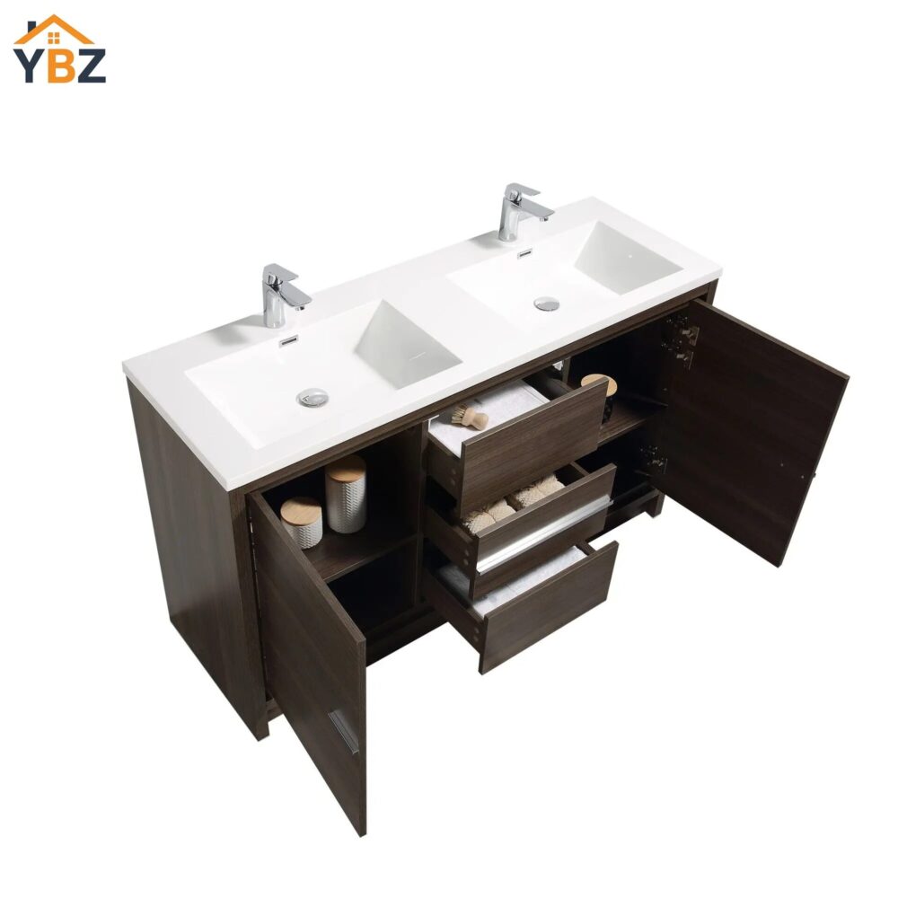 Allier 60'' 72'' G.oak Freestanding Vanity with Double White Glossy Sink