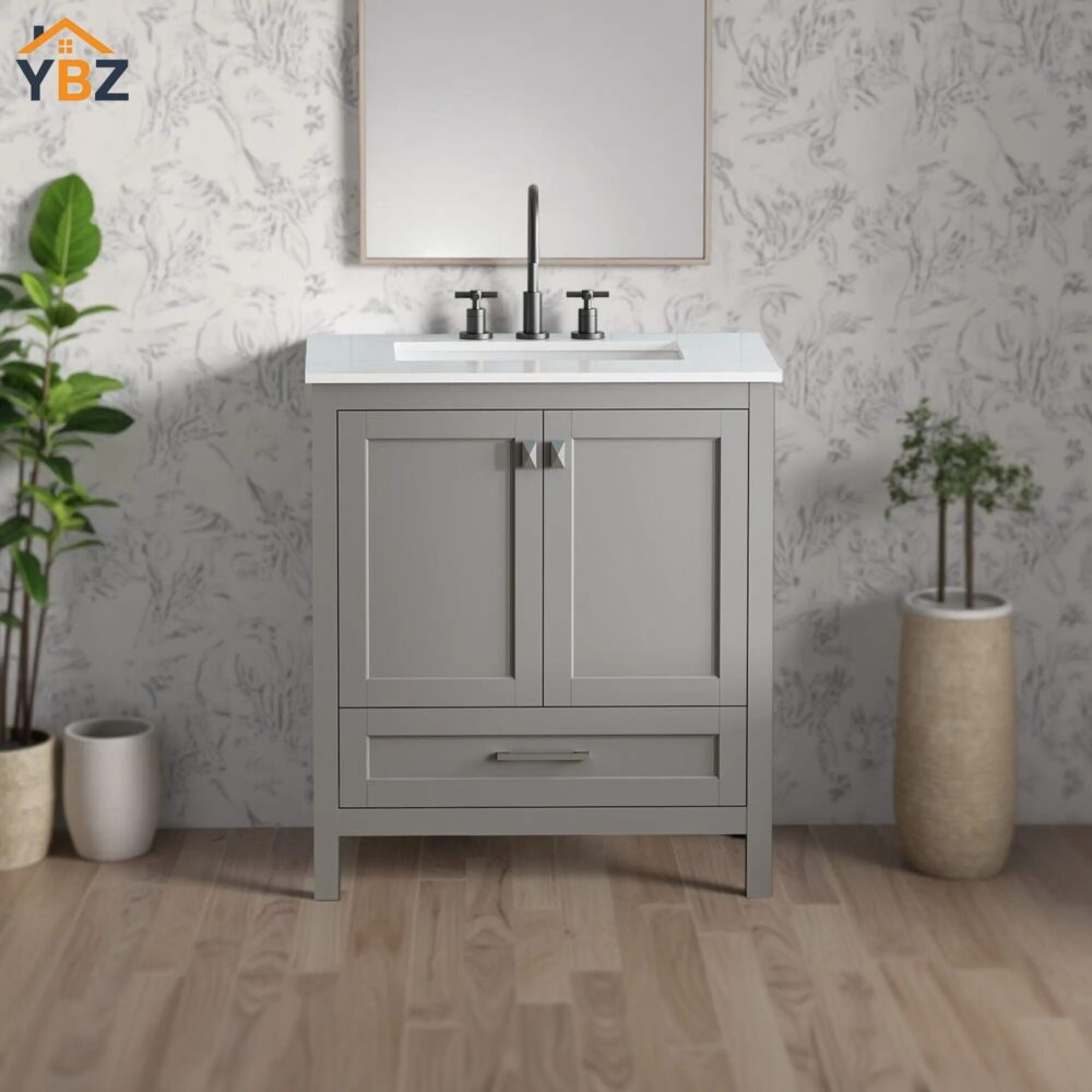 55 30'' Solid Wood Single Sink Bathroom Vanity with Marble Countertop,Three colors to choose from