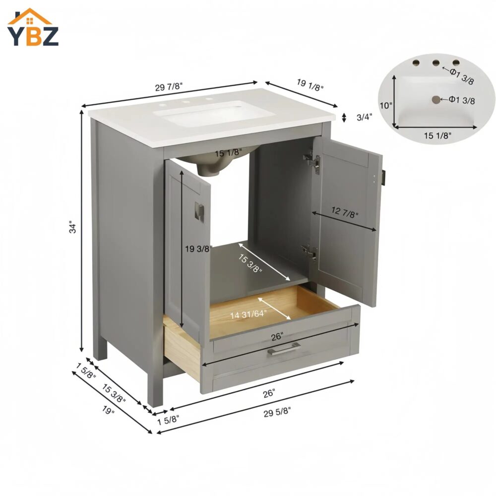 55555 30'' Solid Wood Single Sink Bathroom Vanity with Marble Countertop,Three colors to choose from