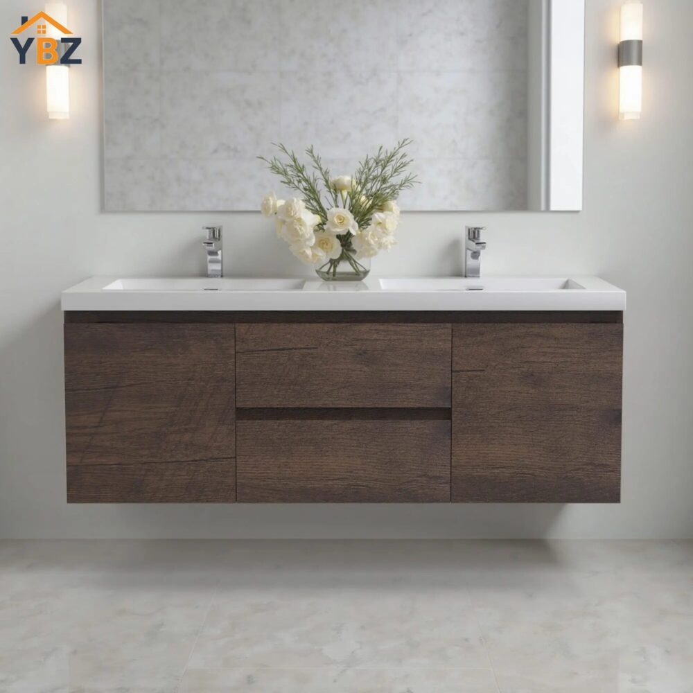 Angela 24''30''36''48''60'' Floating Single Vanity Rose Wood with White Countertop