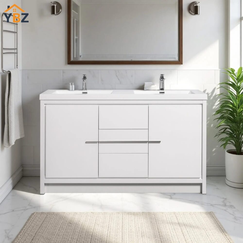 601 Allier 60''72'' White Freestanding Vanity with Double White Glossy Sink
