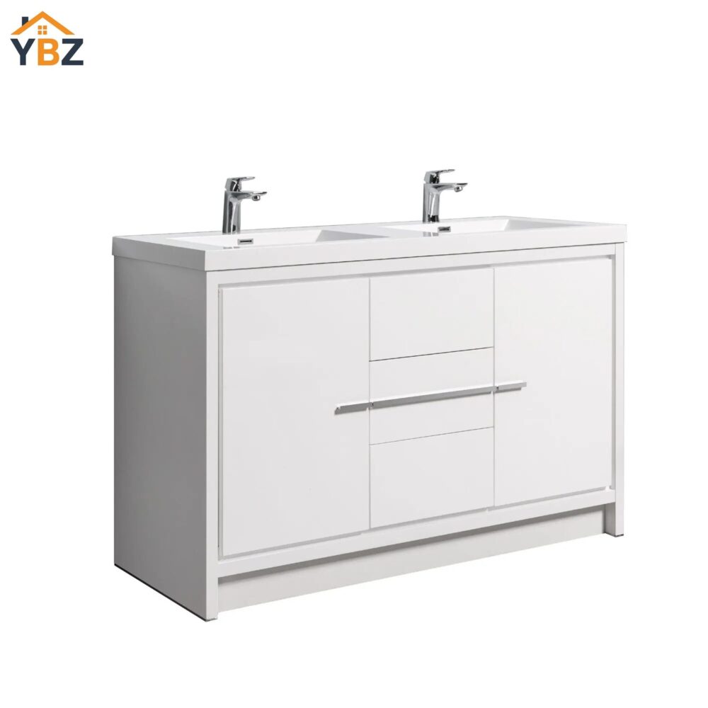 602 Allier 60''72'' White Freestanding Vanity with Double White Glossy Sink