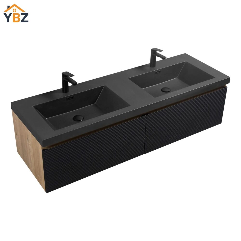 602 Crius 48'' 60''Black Floating Single Vanity with Black Quartz Sands Countertop