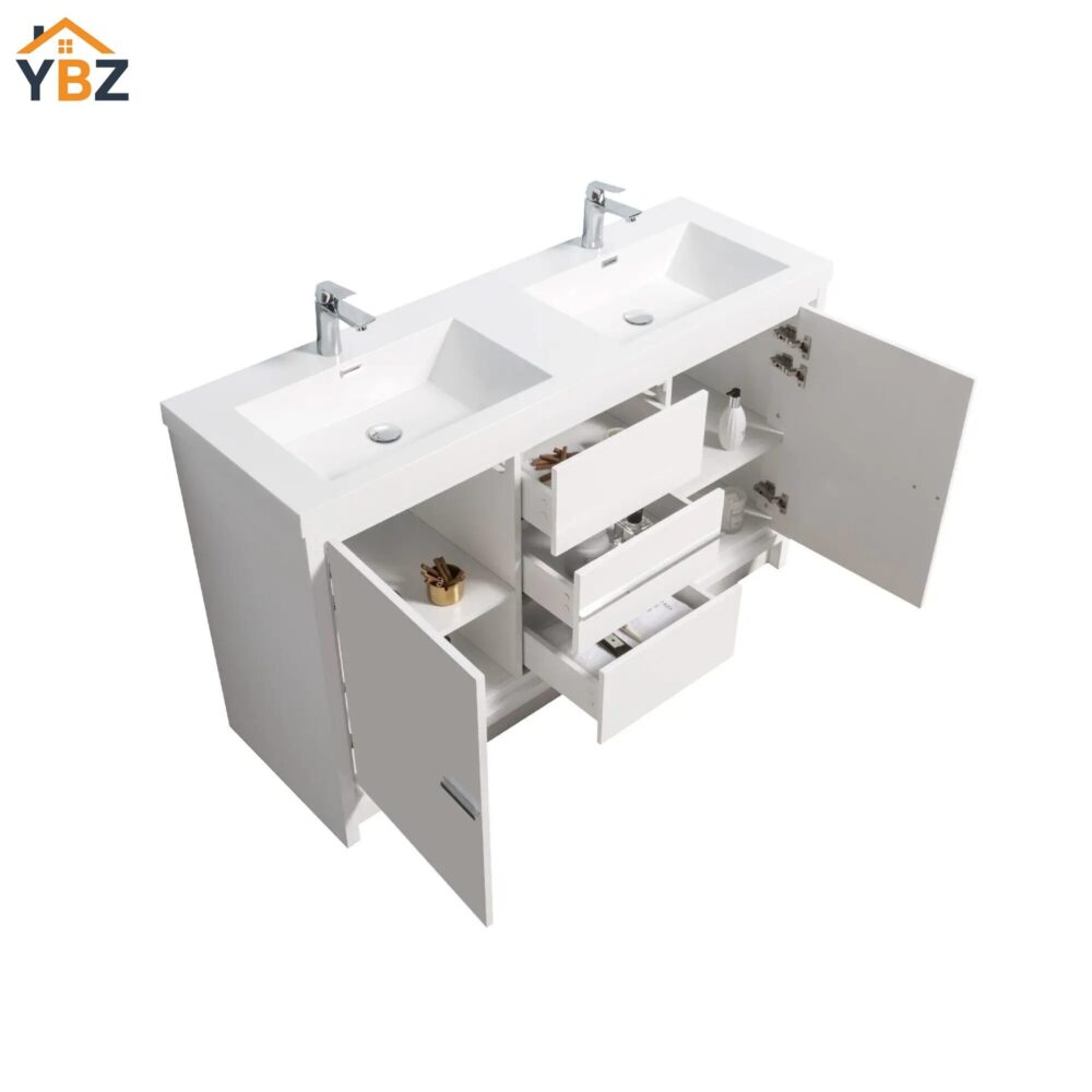 604 Allier 60''72'' White Freestanding Vanity with Double White Glossy Sink