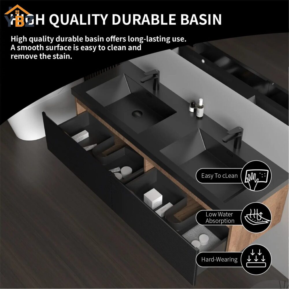 606 Crius 48'' 60''Black Floating Single Vanity with Black Quartz Sands Countertop