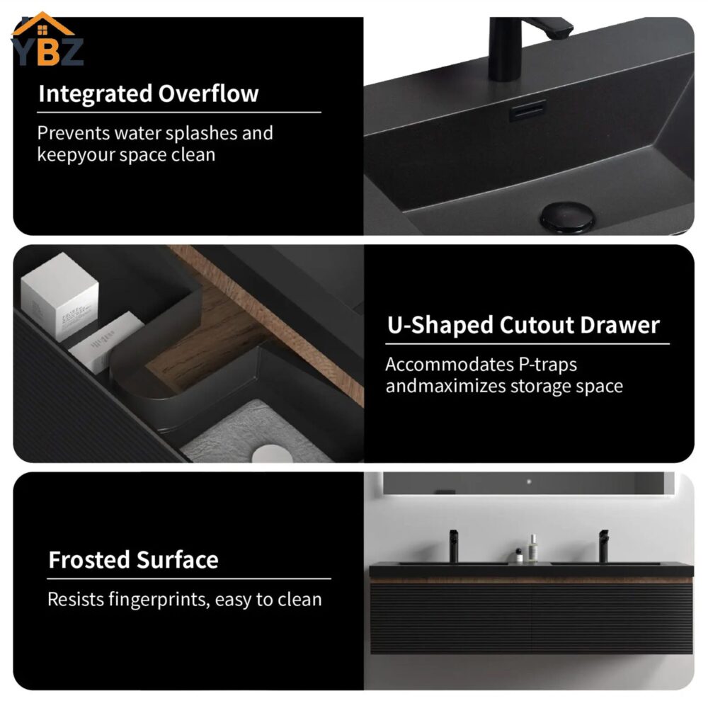 608 Crius 48'' 60''Black Floating Single Vanity with Black Quartz Sands Countertop