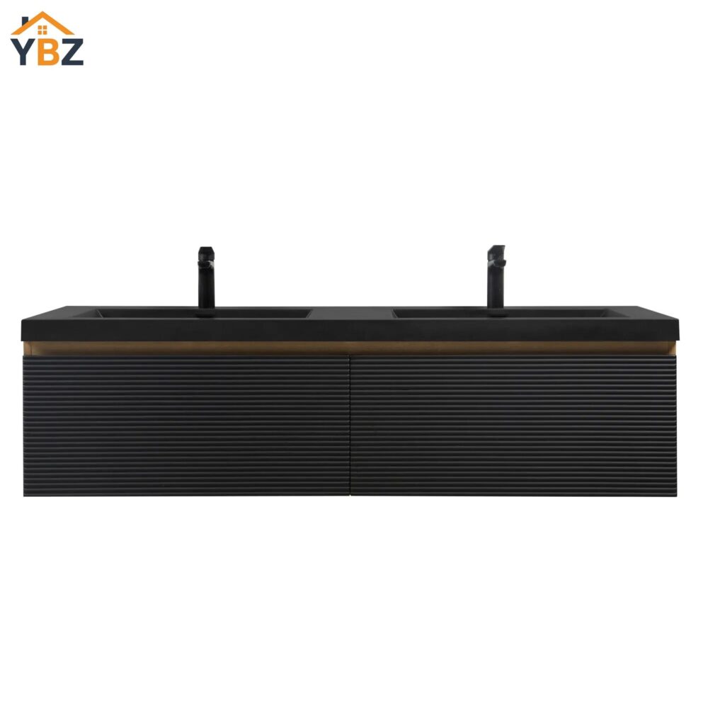 609 Crius 48'' 60''Black Floating Single Vanity with Black Quartz Sands Countertop
