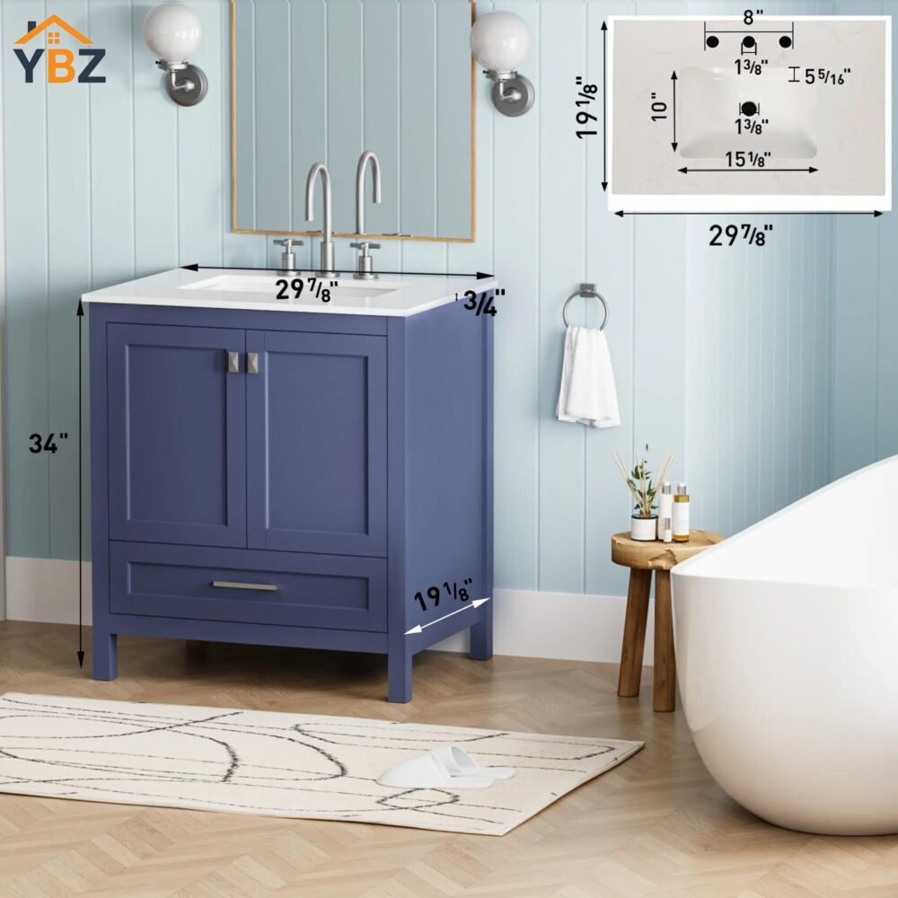 66 30'' Solid Wood Single Sink Bathroom Vanity with Marble Countertop,Three colors to choose from