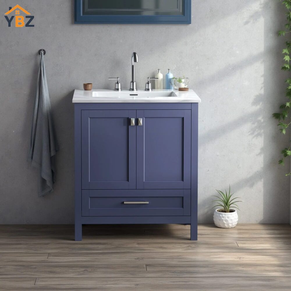 66666 30'' Solid Wood Single Sink Bathroom Vanity with Marble Countertop,Three colors to choose from