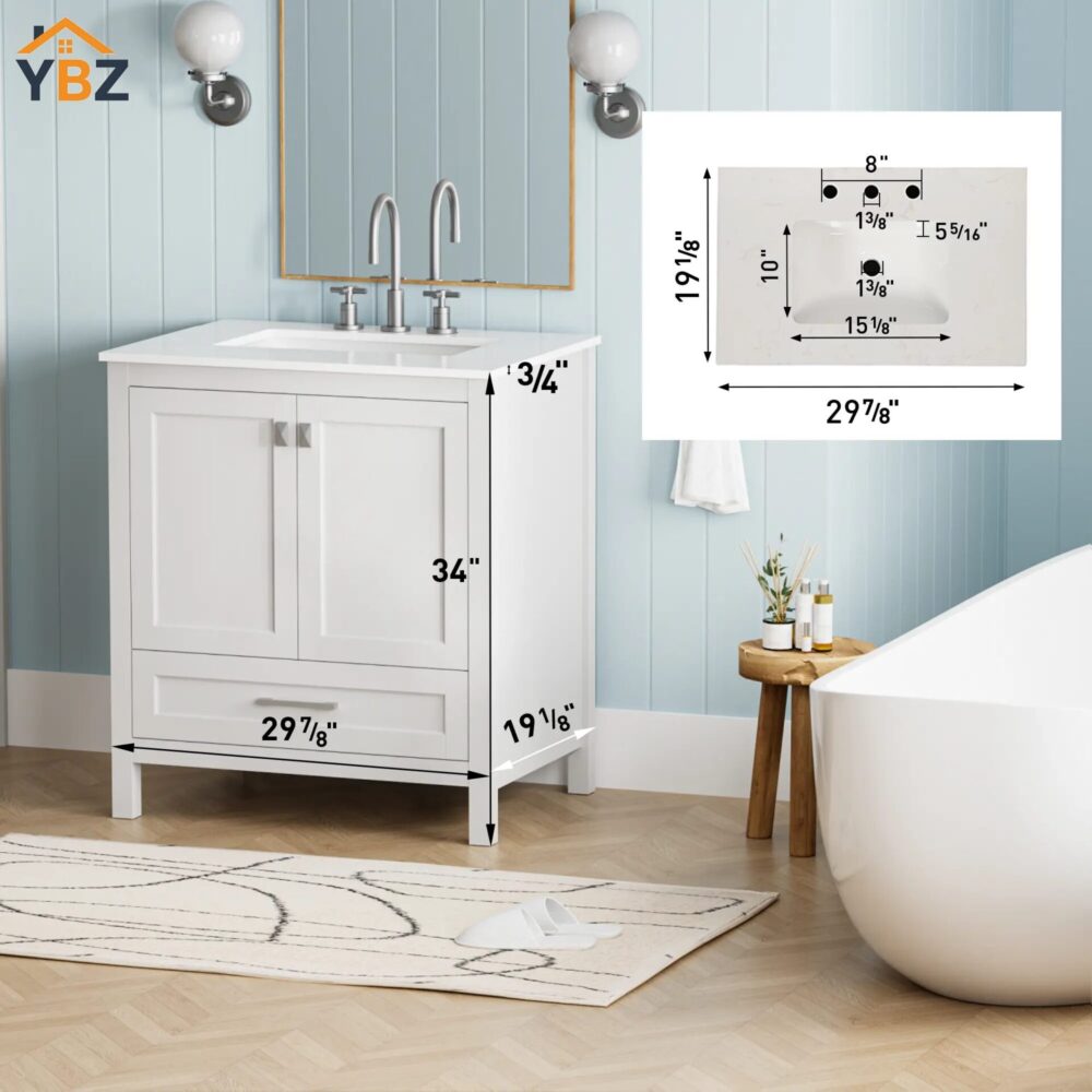 9 30'' Solid Wood Single Sink Bathroom Vanity with Marble Countertop,Three colors to choose from