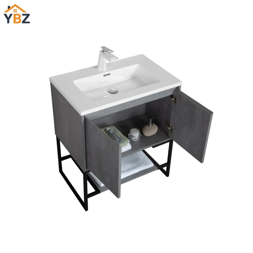 aaaaa Allen 30'' Freestanding Single Vanity with Solid Surface Basin, Cement Grey/T.Oak