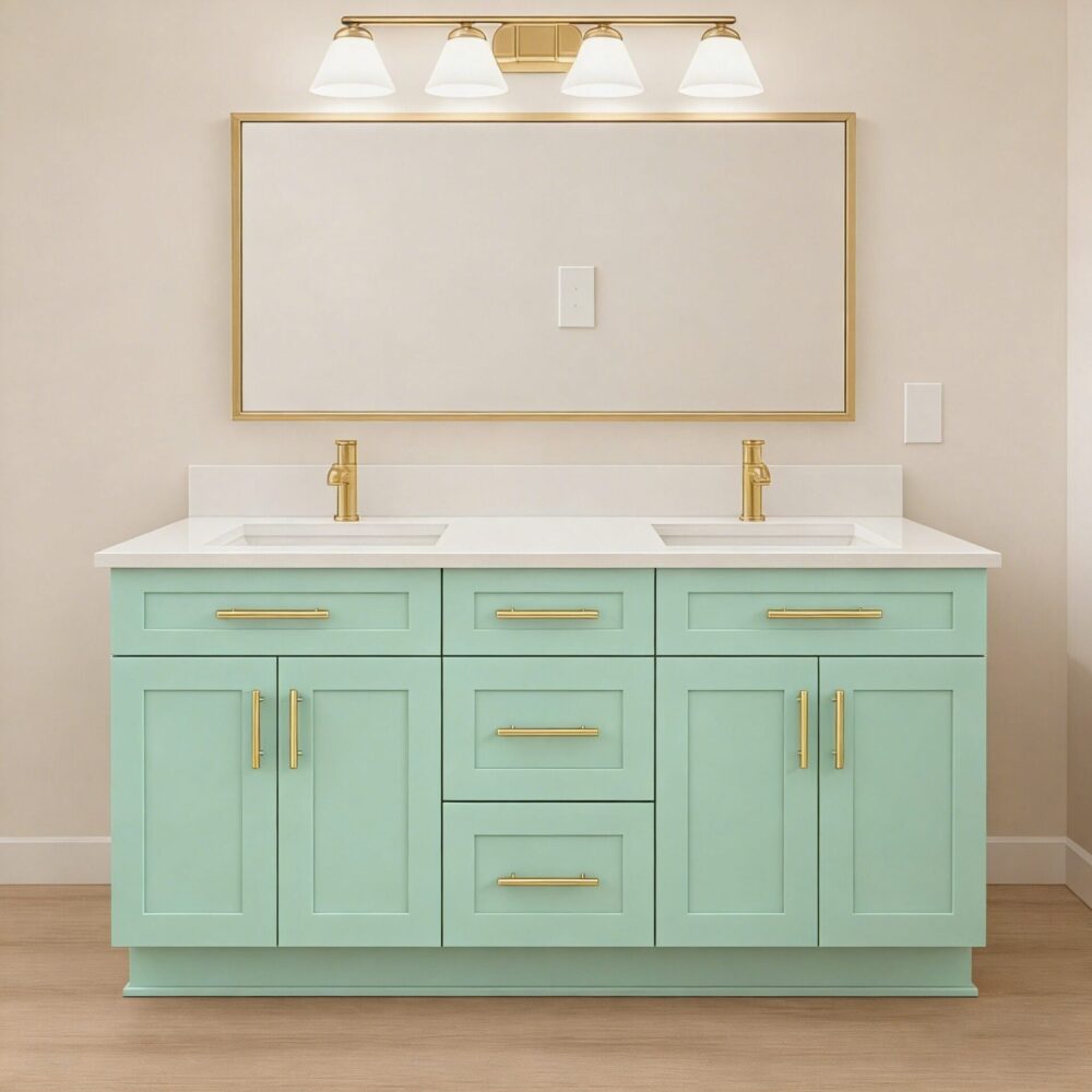 Green bathroom cabinet, 24, 27, 30, 36, 42, 48, 54, 60, and 72 inches (excluding countertop).