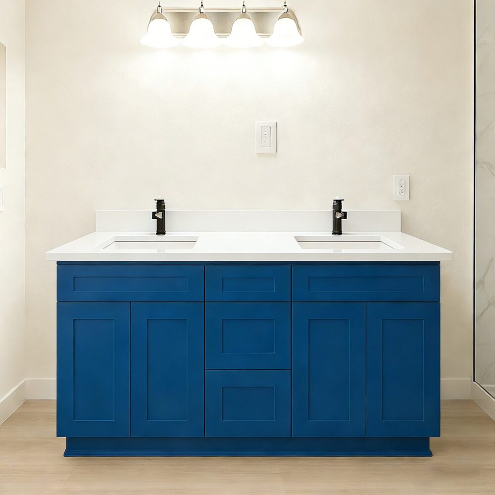 Blue bathroom cabinet, 24, 27, 30, 36, 42, 48, 54, 60, and 72 inches (excluding countertop).
