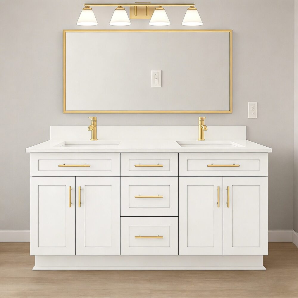 White bathroom cabinet, 24, 27, 30, 36, 42, 48, 54, 60, and 72 inches (excluding countertop).