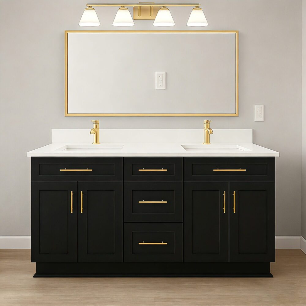 Black bathroom vanity, available in the following sizes: 24, 27, 30, 36, 42, 48, 54, 60, and 72 inches (excluding countertop).