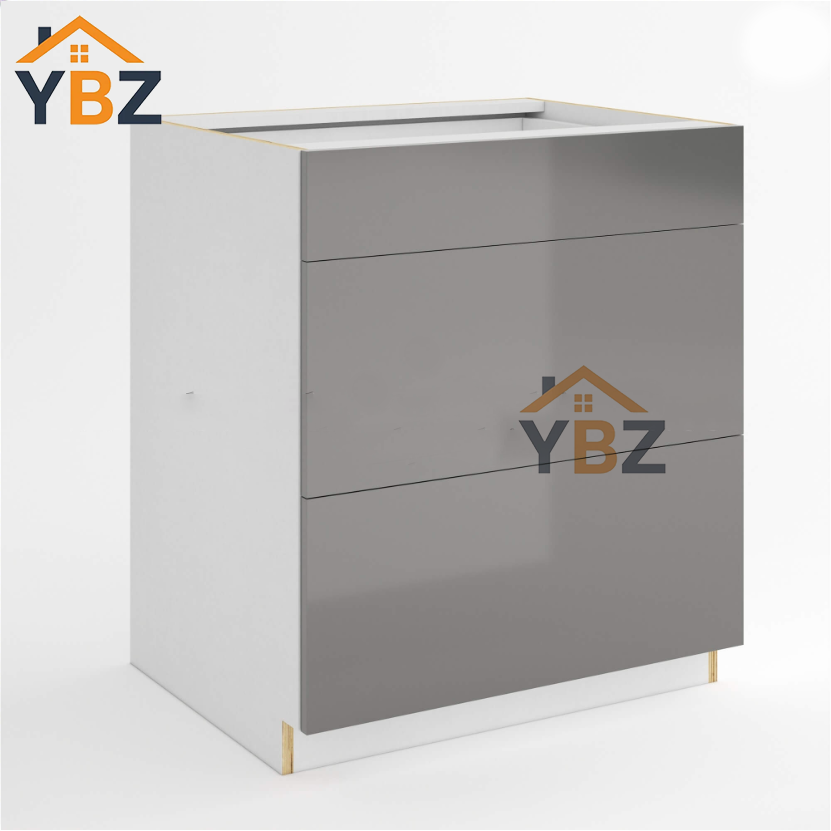 Frameless Gloss Gray Three Drawer Base Cabinet