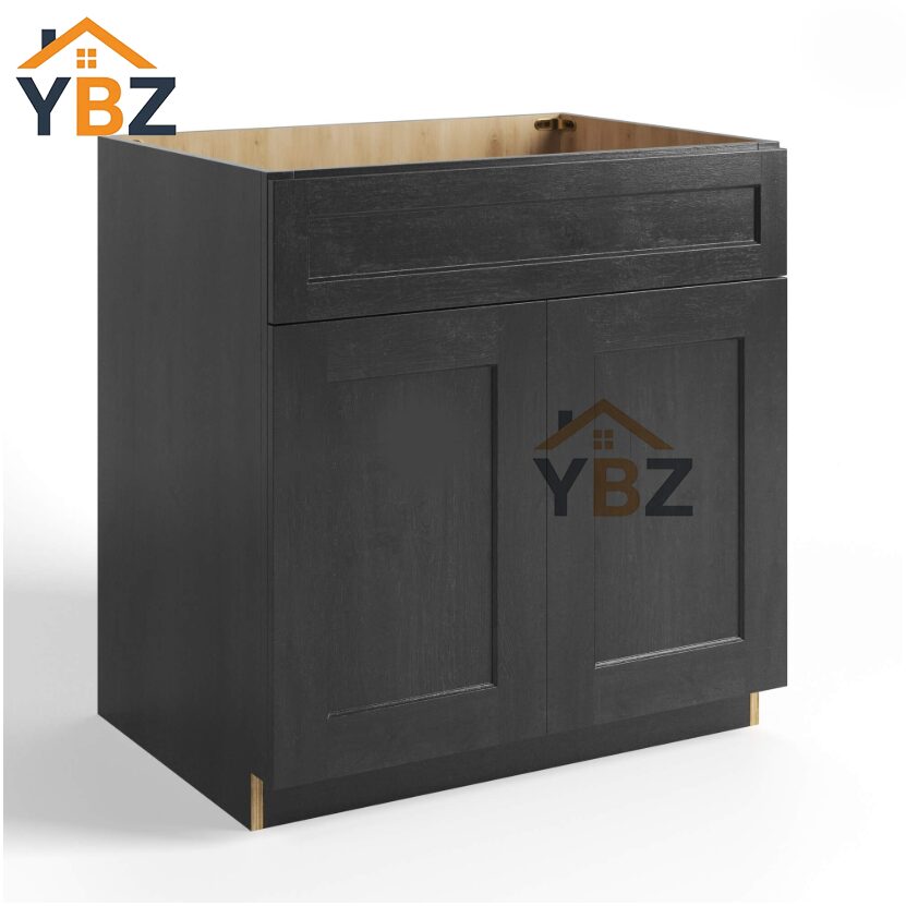 1 Charcoal Black Shaker Sink Base Double Door & Double False Drawer/1 False Drawer