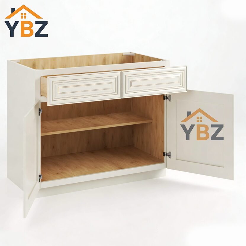 2 Charleston White Raised Panel Base Cabinet with Double Doors and Drawers