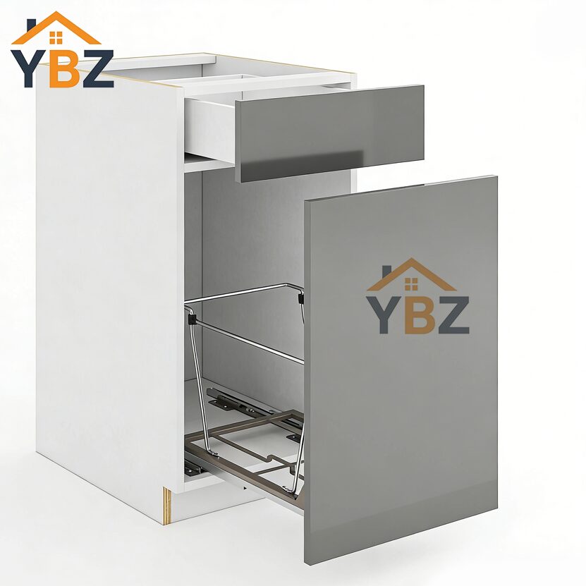 2 Frameless Gloss Gray Trash Base Cabinet