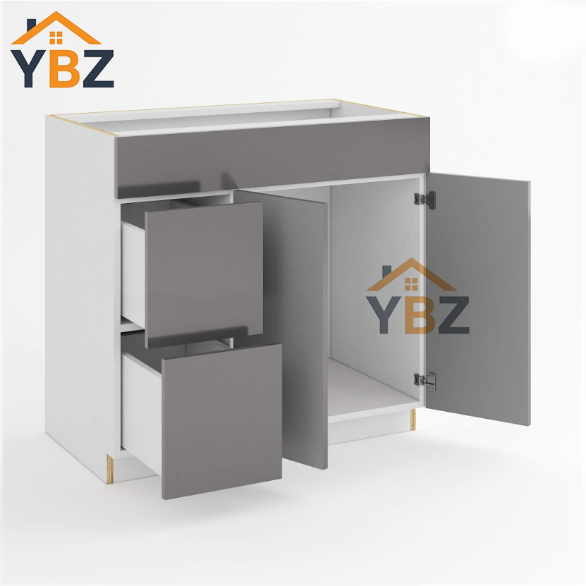 Frameless Gloss Gray Double Drawer Single Dummy Drawer Vanity Combo Base Cabinet 30″36″W