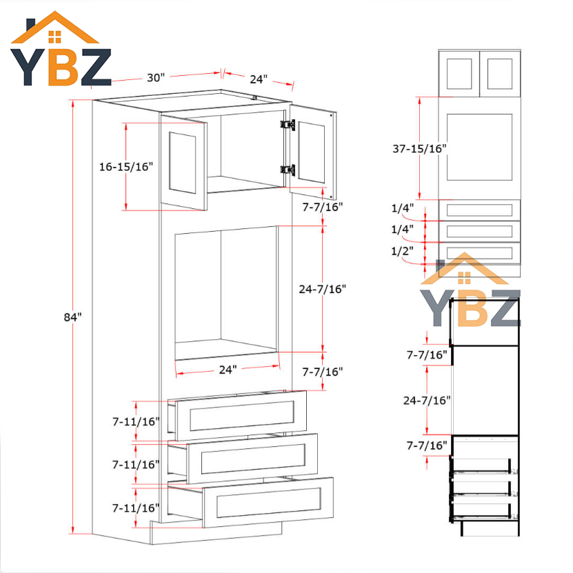 Gray Shaker30″ 33″ W Double Door Oven Pantry Cabinet with Three Drawers