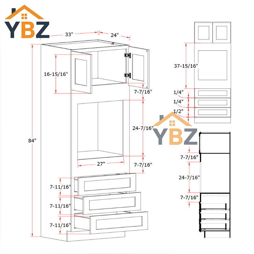 Gray Shaker30″ 33″ W Double Door Oven Pantry Cabinet with Three Drawers