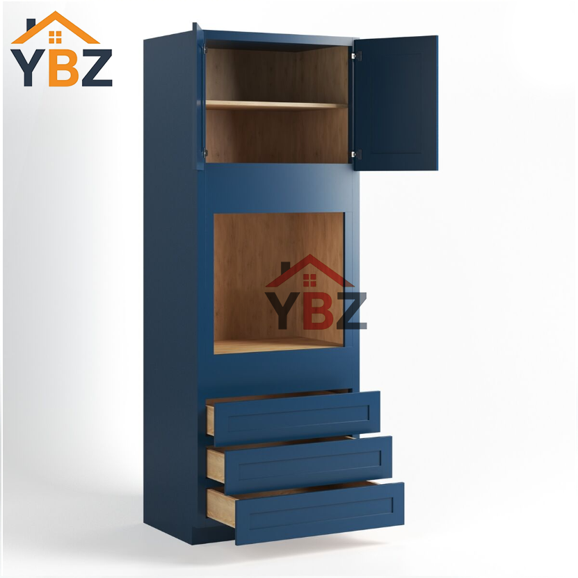 3 Navy Blue Shaker 30″ 33″ W Double Door Oven Pantry Cabinet with Three Drawers