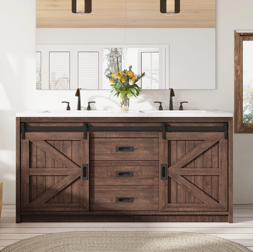 Rustic Wood Double Vanity Cabinet with Storage Drawers