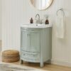 24 Inch Sage Green Curved Freestanding Bathroom Vanity with Ceramic Sink & Silver Knobs