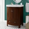 24 Inch Walnut Curved Freestanding Bathroom Vanity with Ceramic Sink & Silver Knobs